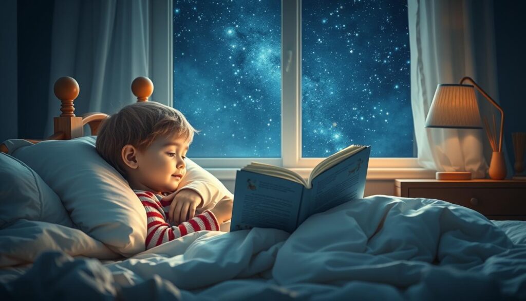 Generate an image of a child snuggled up in bed, listening to a soothing story under a starry night sky.
