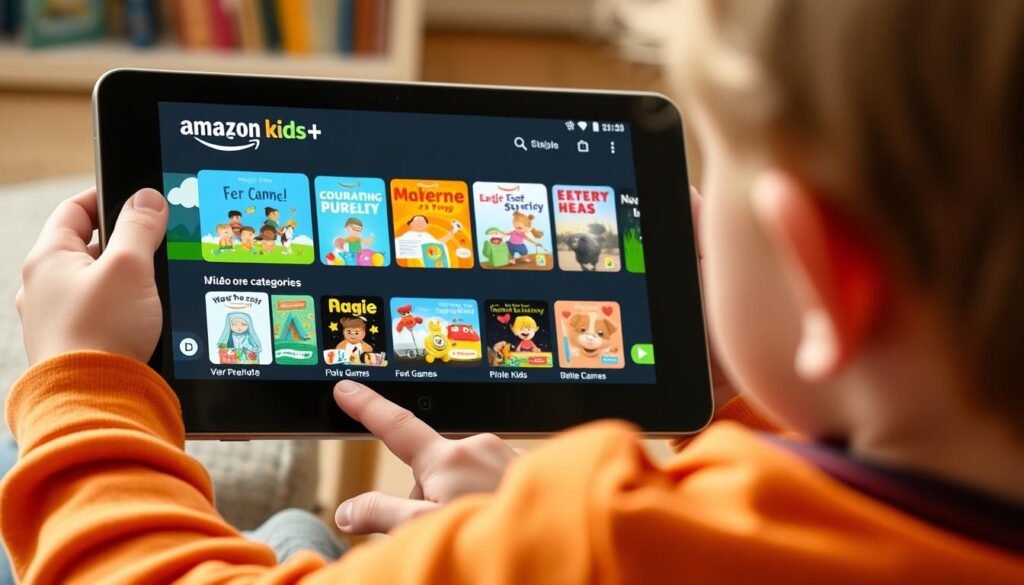 Generate an image of a child using Amazon Kids+ on a tablet, with various content categories visible.