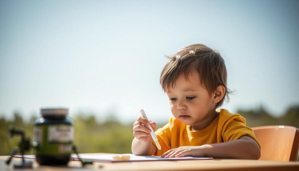 Generate an image of a child using Lunesia supplement during the day, focusing on a task.