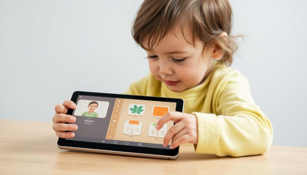 Generate an image of a child using a Montessori app on a tablet, with a clean and uncluttered interface.