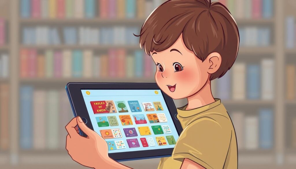 Generate an image of a child using a library app on a tablet, with a variety of interactive books and educational content on the screen.