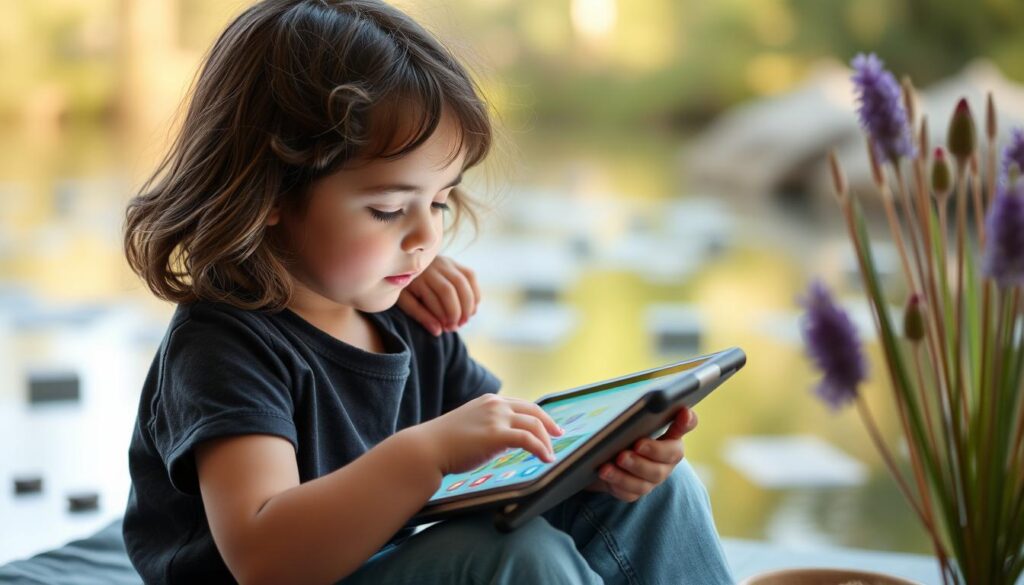 Generate an image of a child using a mindfulness app on a tablet