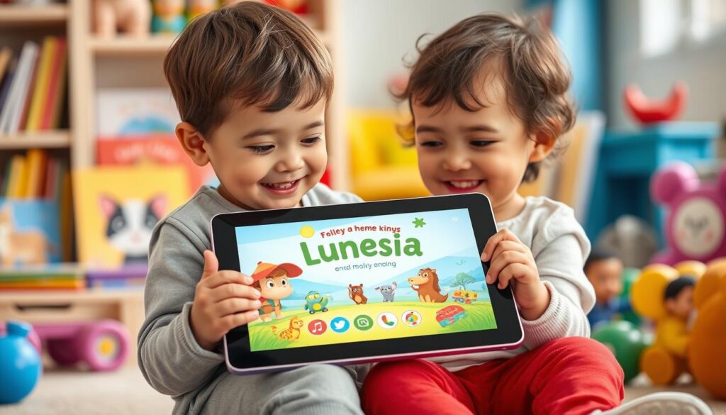 Generate an image of a child using a tablet with Lunesia story app open.