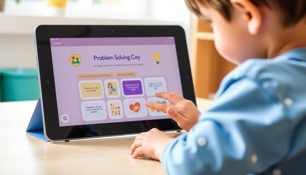 Generate an image of a child using a tablet with Lunesia's problem-solving platform on the screen.
