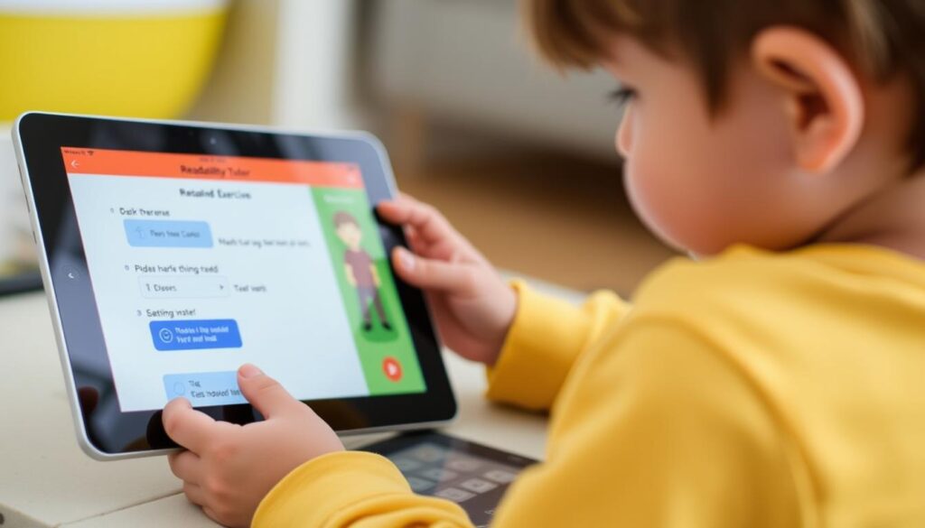 Generate an image of a child using a tablet with Readability Tutor app open, showing a reading exercise on the screen.