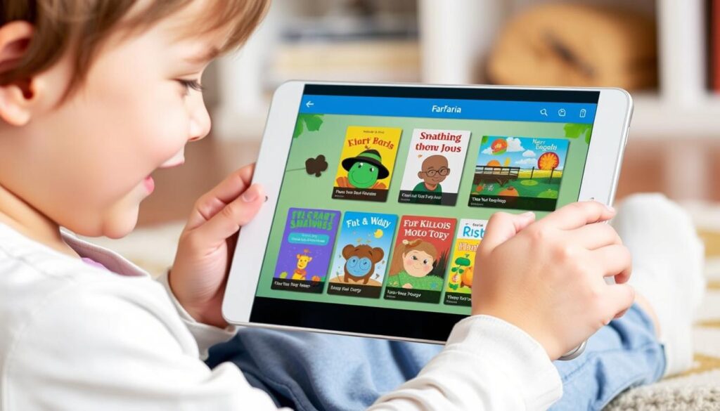 Generate an image of a child using a tablet with a FarFaria app open, displaying a variety of storybooks.