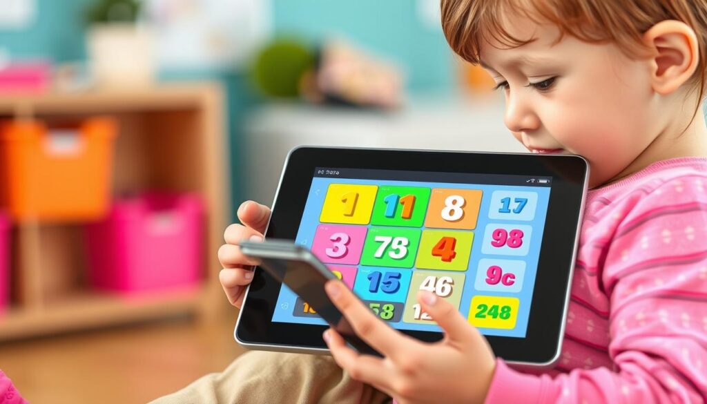 Generate an image of a child using a tablet with a math app open, showing fun number puzzles.