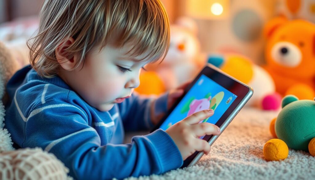 Generate an image of a child using a tablet with a puzzle game on the screen.