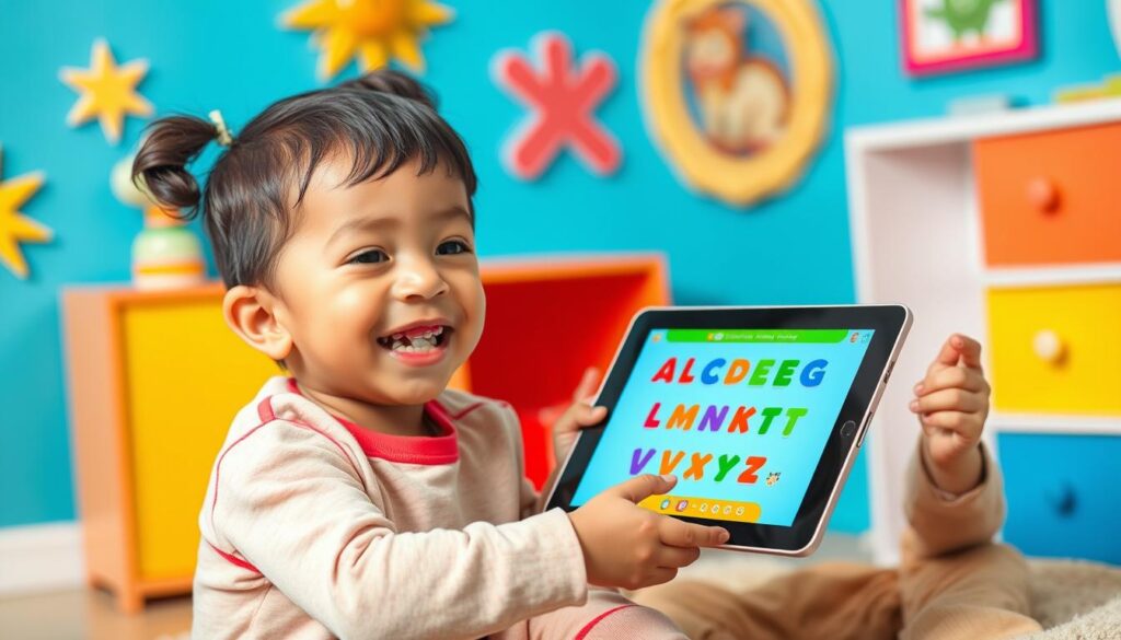 Generate an image of a child using a tablet with an alphabet learning app open.