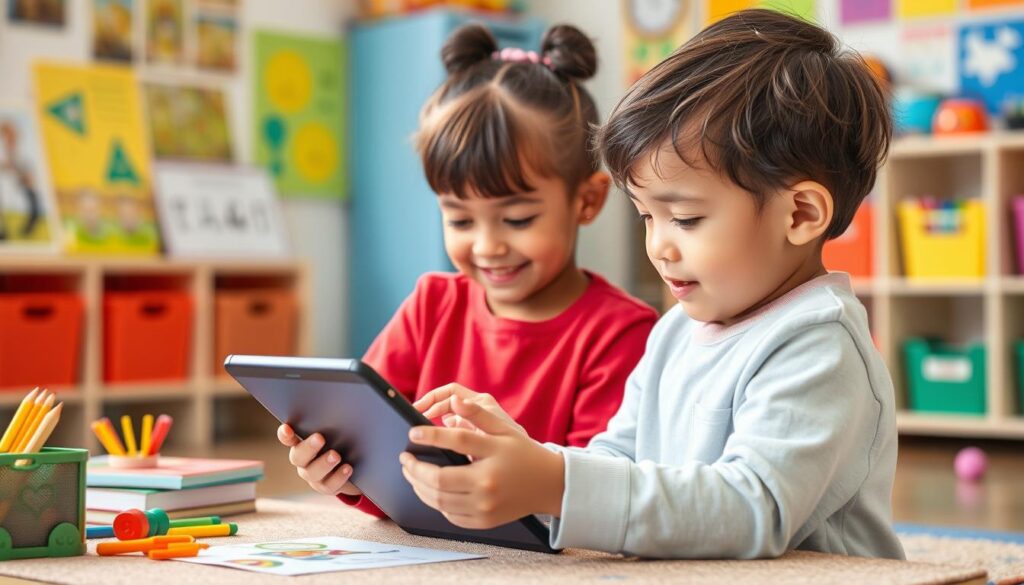 Generate an image of a child using a tablet with educational apps.