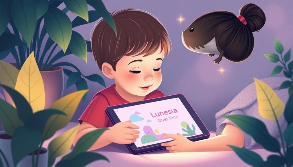 Generate an image of a child using a tablet with the Lunesia Quiet Time App open, surrounded by calming elements like plants and soft lighting.