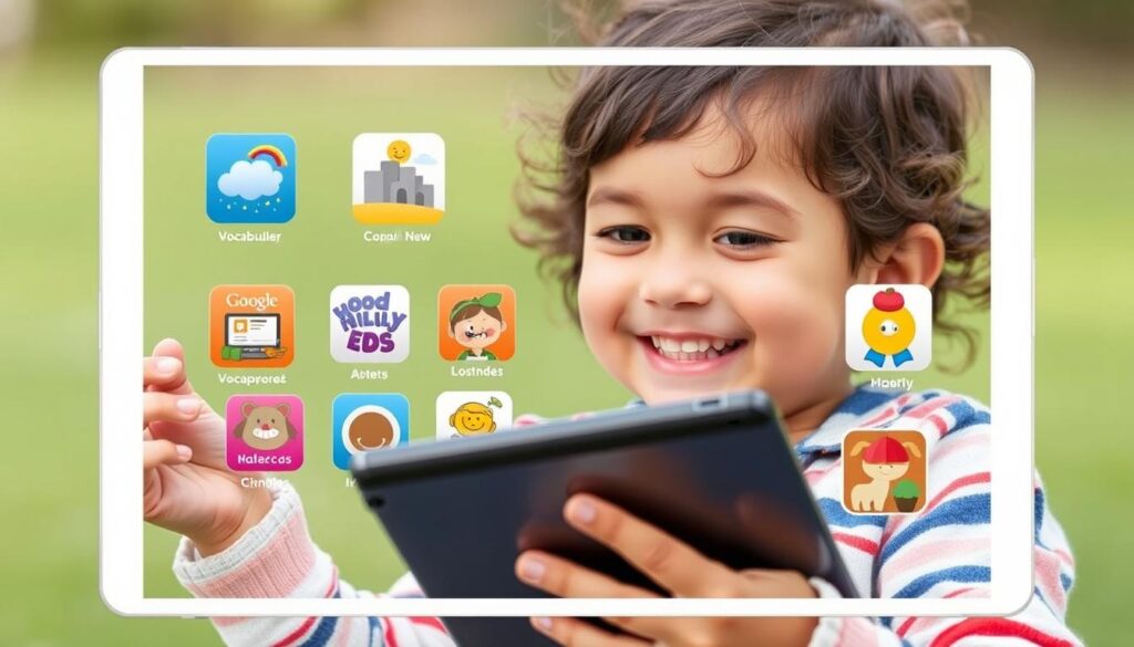 Generate an image of a child using a tablet with various vocabulary apps open.