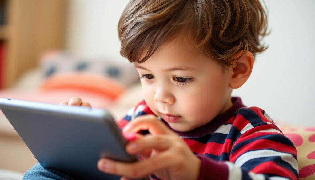 Generate an image of a child using the Hooked on Phonics app on a tablet.