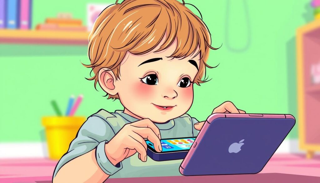 Generate an image of a child using the Khan Academy Kids app on a smartphone.