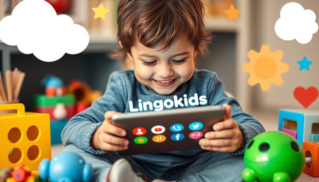 Generate an image of a child using the Lingokids app on a tablet.
