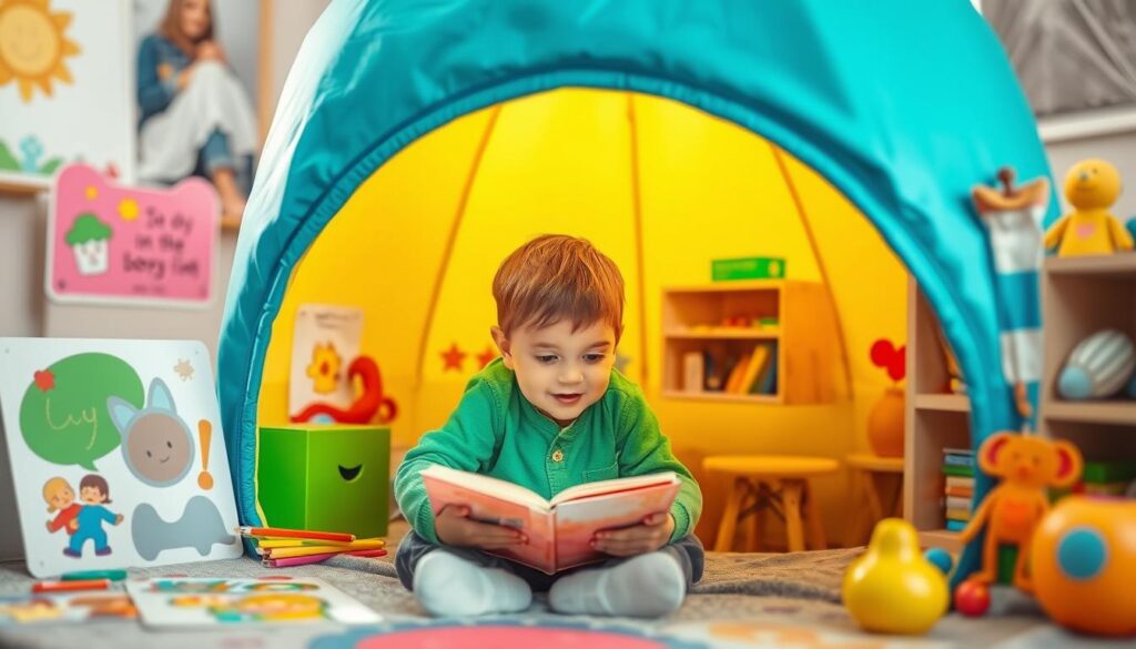 Generate an image of a child using the Lunesia Storypod, surrounded by emotional learning materials.
