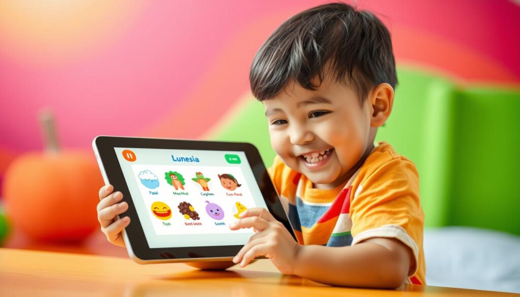 Generate an image of a child using the Lunesia app on a tablet, with a smiling face and engaged in a learning activity.