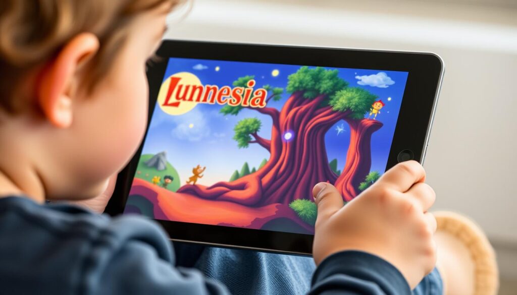 Generate an image of a child using the Lunesia app on a tablet, with an interactive story unfolding on the screen.