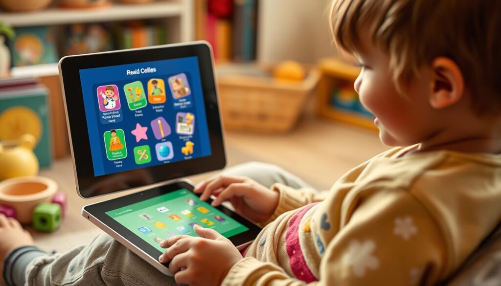Generate an image of a child using the Starfall app on a tablet, with a variety of reading exercises on the screen.