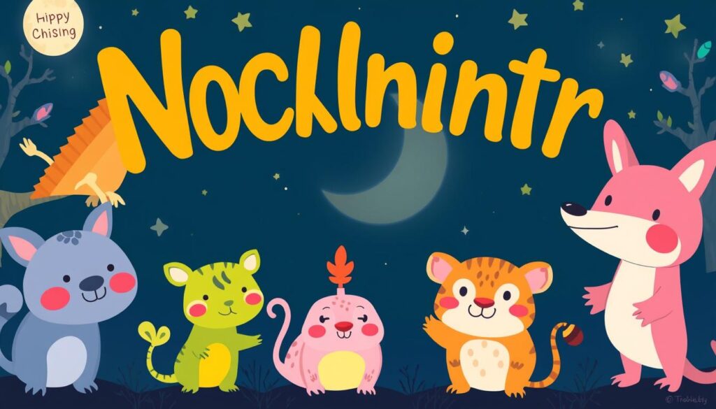 Generate an image of a children's book cover featuring nocturnal animals with humorous expressions.
