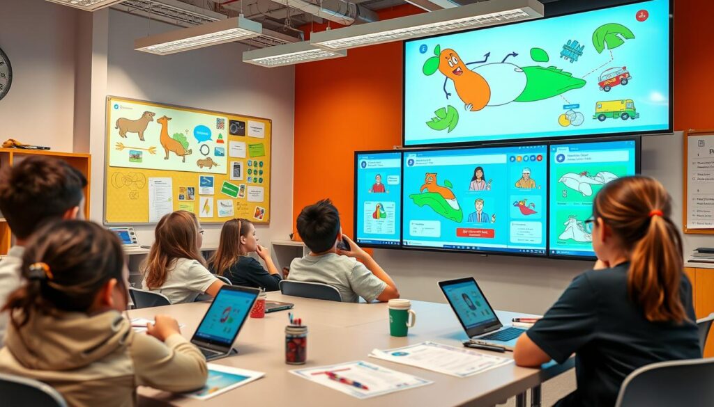 Generate an image of a classroom setting with interactive lesson screens.