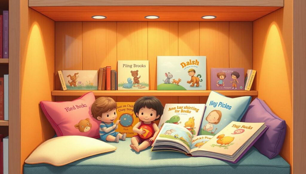 Generate an image of a cozy reading nook with a collection of interactive children's books
