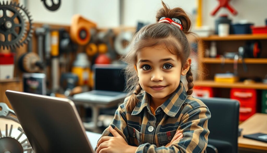 Generate an image of a girl with a curious expression, surrounded by engineering tools.