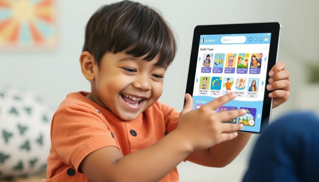Generate an image of a happy child engaging with Lunesia on a tablet, with a variety of educational content on the screen.