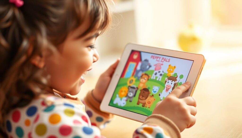 Generate an image of a happy child interacting with the Peppy Pals app on a tablet, with lovable farm animal characters on the screen.