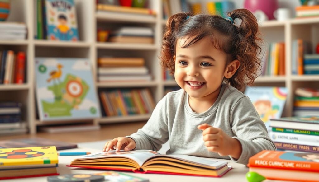 Generate an image of a happy preschooler engaging with Lunesia's homeschool curriculum materials.