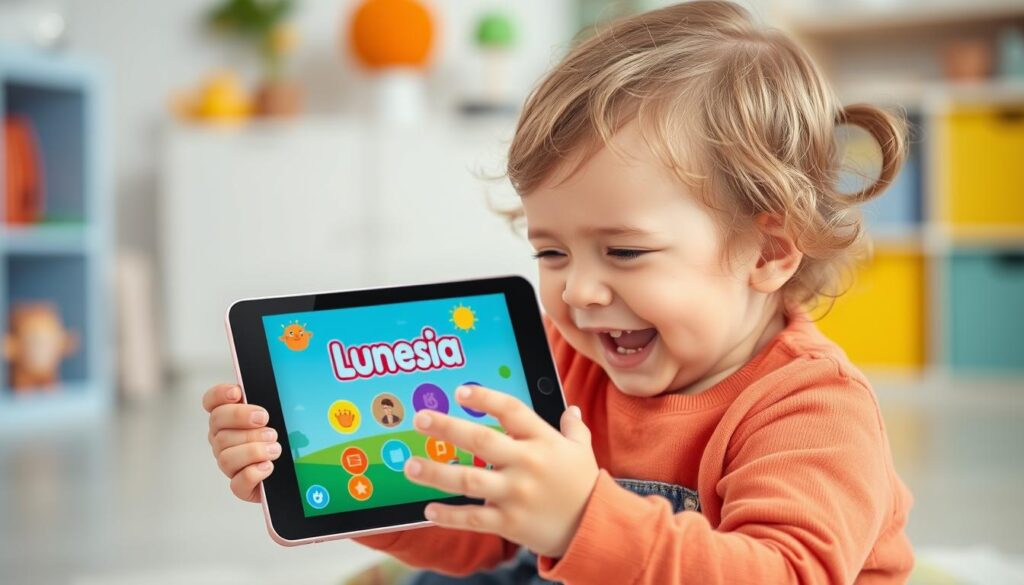 Generate an image of a happy toddler using a tablet with the Lunesia app open.