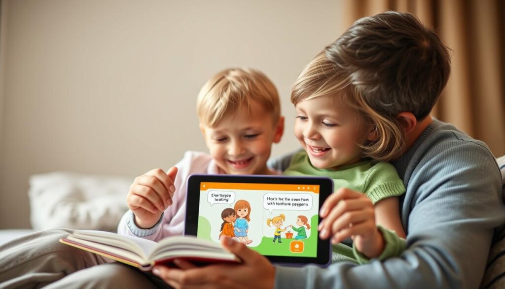 Generate an image of a parent and child reading a Lunesia story together, with a tablet displaying an emotional learning scenario.