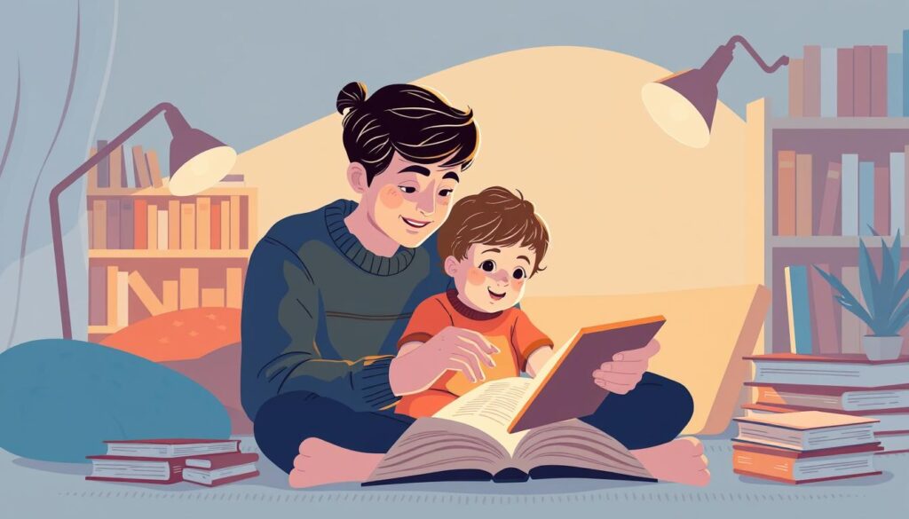 Generate an image of a parent and child using a digital reading platform on a tablet.