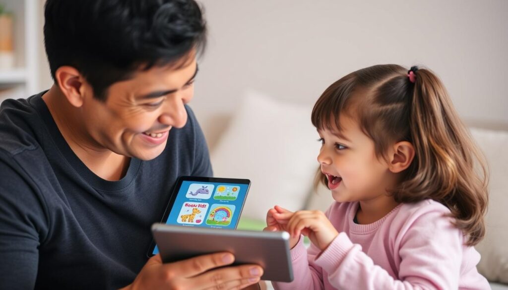 Generate an image of a parent and child using a tablet together, with a split screen showing Lunesia and Hoopla Kids interfaces.