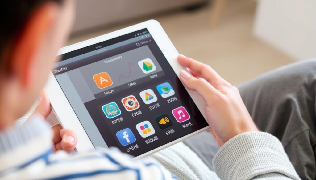Generate an image of a parent comparing prices of different vocabulary apps on a tablet.