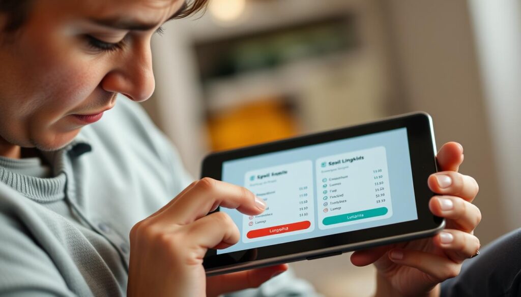 Generate an image of a parent comparing the prices of Lingokids and Lunesia on their tablet.