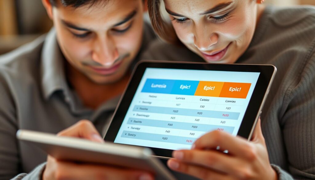 Generate an image of a parent comparing the pricing plans of Lunesia and Epic! on a tablet.