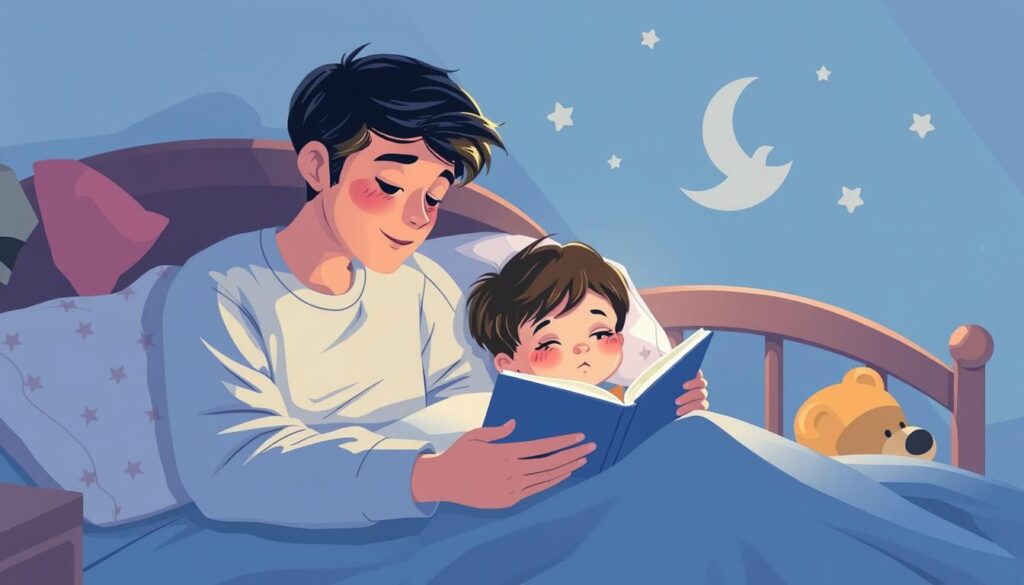 Generate an image of a parent reading a calming bedtime story to an anxious child, with a soothing background.