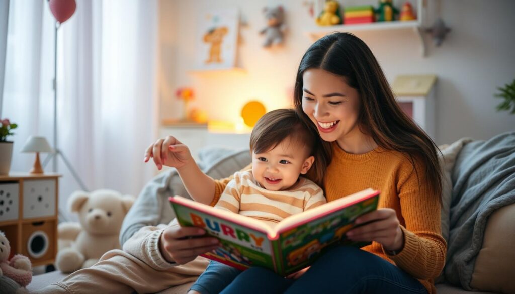 Generate an image of a parent reading a picture book to a toddler.