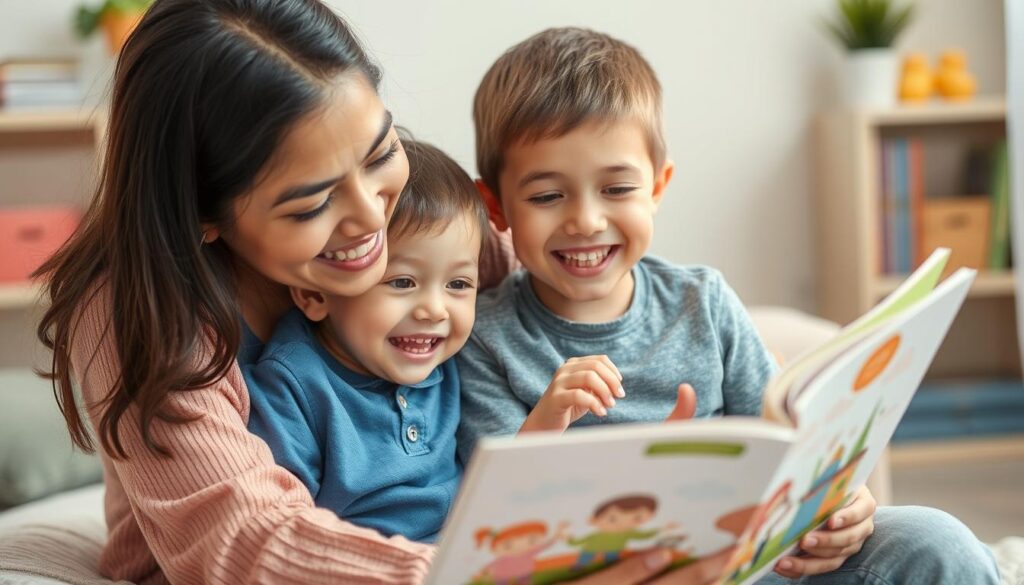 Generate an image of a parent reading an interactive book to their child, with the child actively participating.