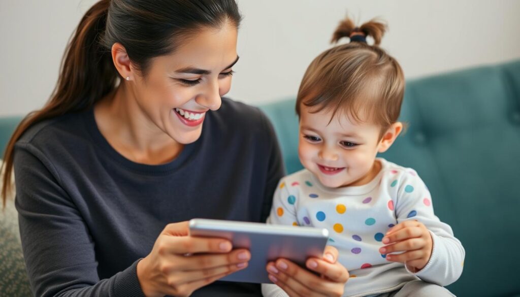 Generate an image of a parent using Lunesia on a tablet with their child sitting next to them, both smiling.
