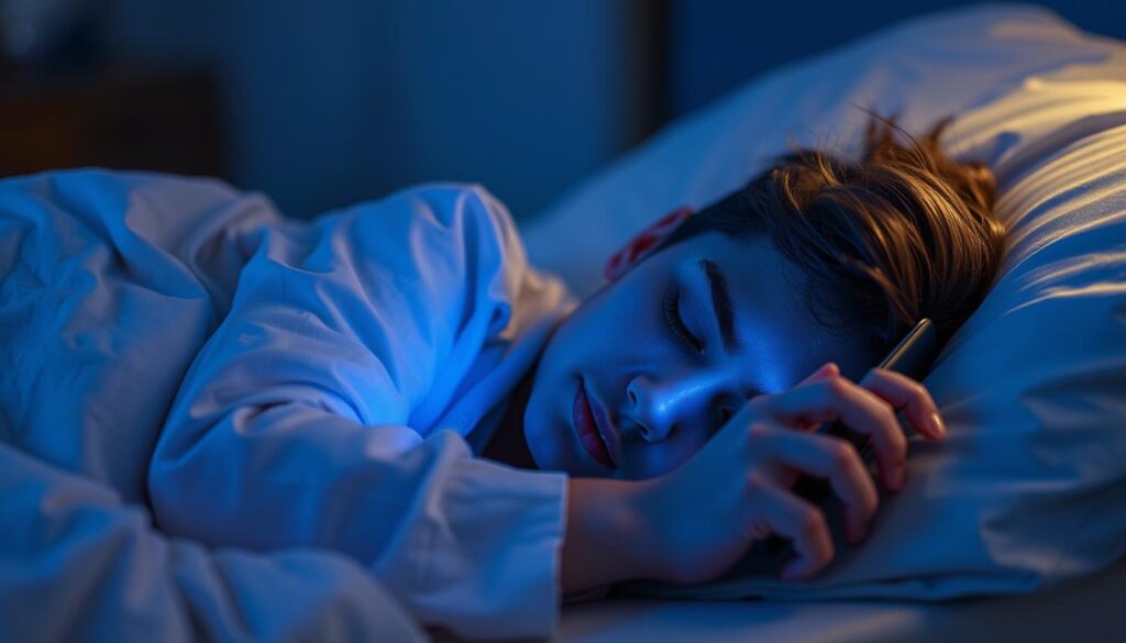 Generate an image of a person peacefully sleeping with a smartphone playing a bedtime story in the background.