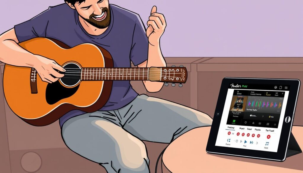 Generate an image of a person playing a guitar with a tablet displaying the Fender Play app beside them.