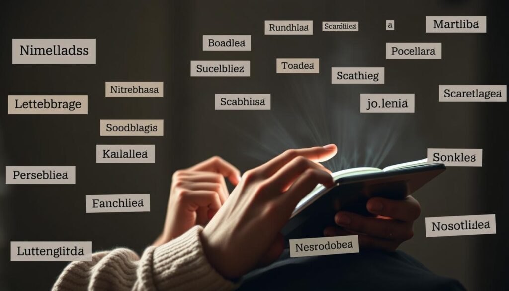 Generate an image of a person reading a story on a tablet with different languages appearing around them.