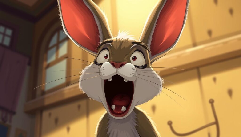 Generate an image of a rabbit character with a frightened expression in a bright light setting.