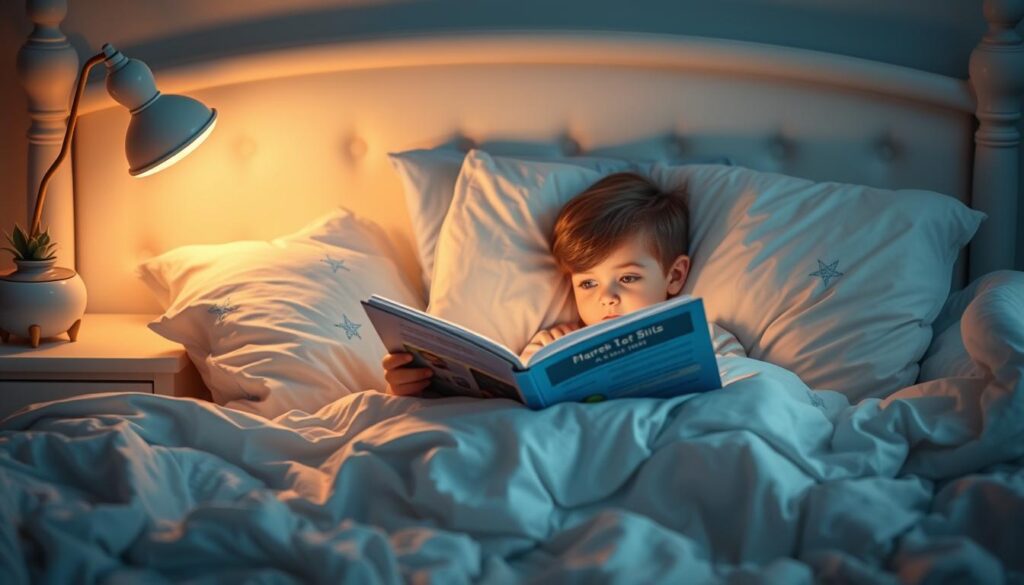 Generate an image of a serene bedtime scene with a child listening to a bedtime story.
