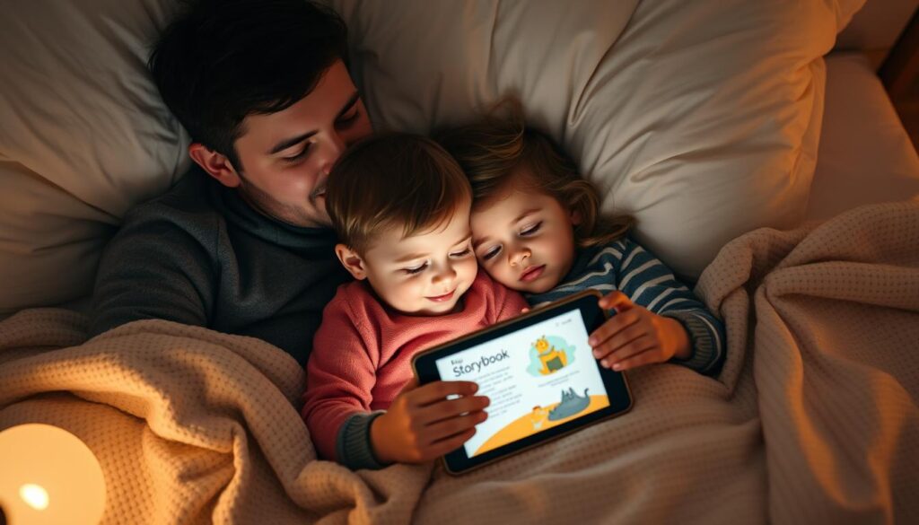 Generate an image of a serene bedtime scene with a parent and child snuggled up together, listening to a story on a tablet with the Storybook app open.