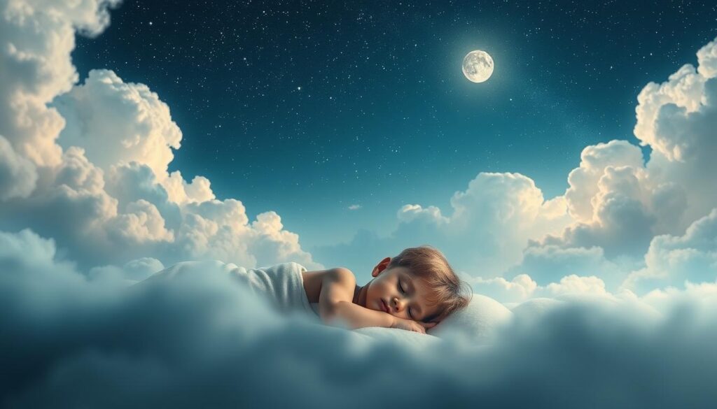 Generate an image of a serene, dreamy landscape with a child peacefully sleeping under a starry sky, surrounded by gentle, swirling clouds.