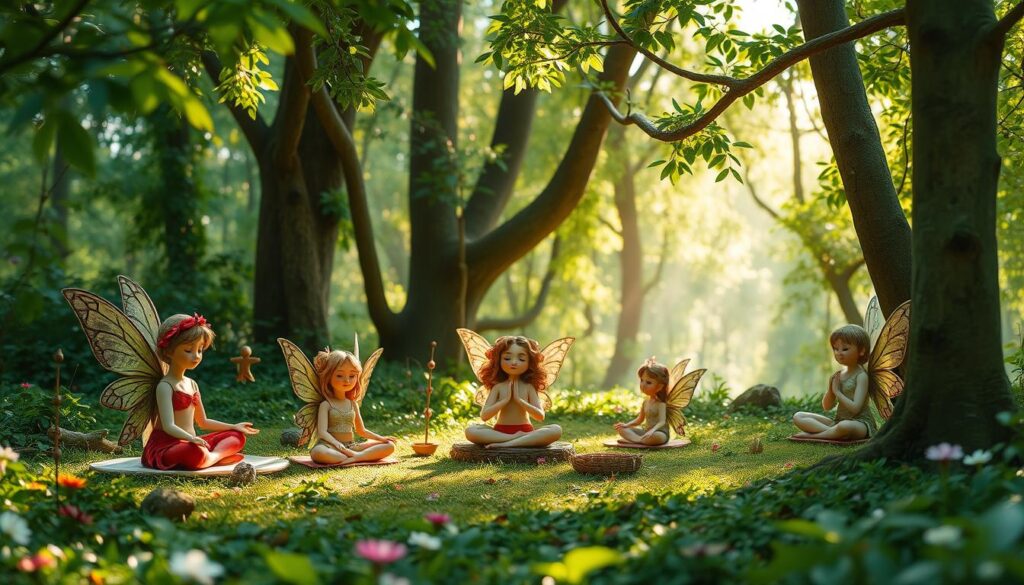 Generate an image of a serene forest with fairy tale characters practicing mindfulness