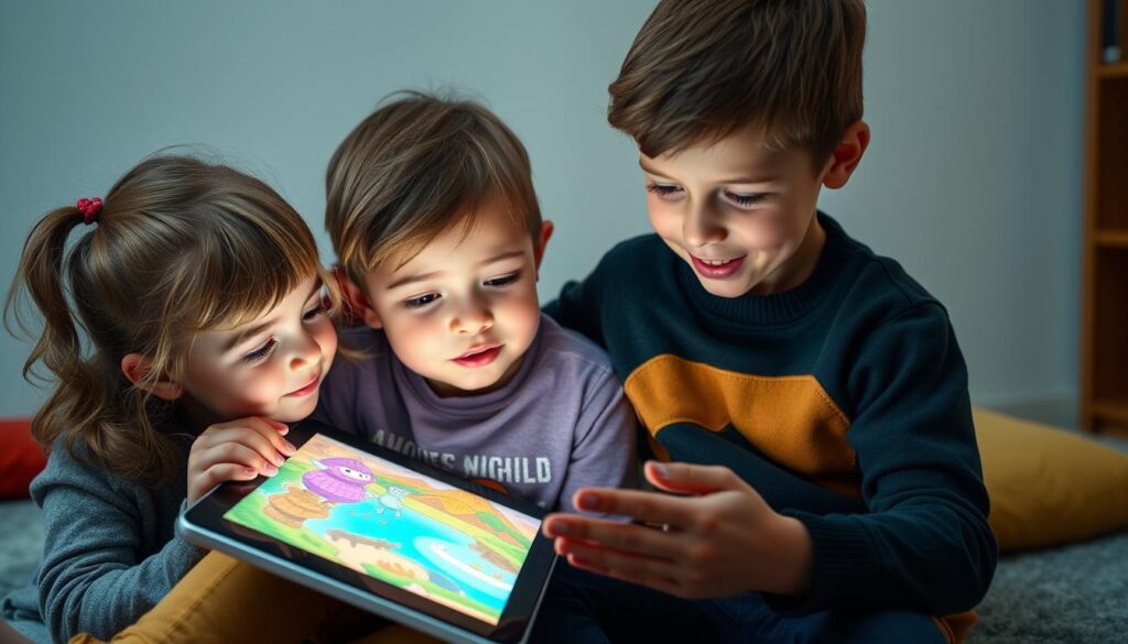 Generate an image of a sibling duo reading an interactive story on a tablet, with a creative storyline unfolding on the screen.